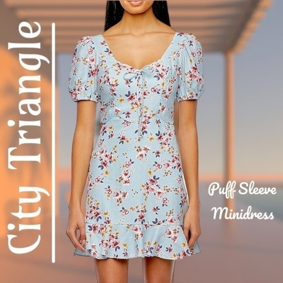CITY TRIANGLE Juniors Short Puff Sleeve A-Line Floral Minidress - Picture 1 of 15